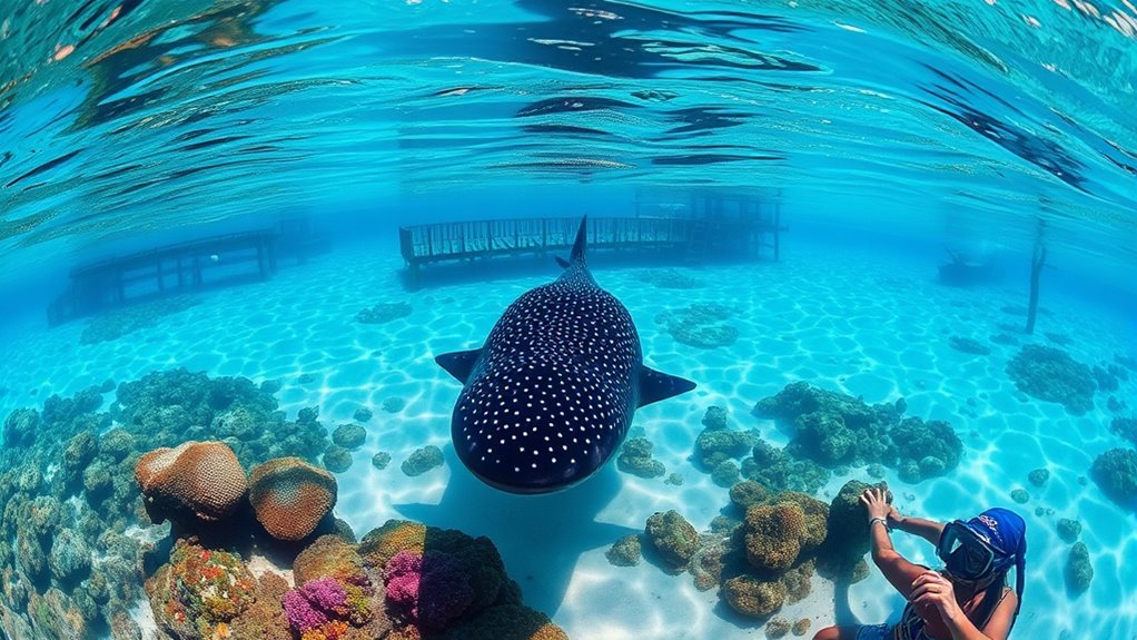 whale sharks near fishing platforms